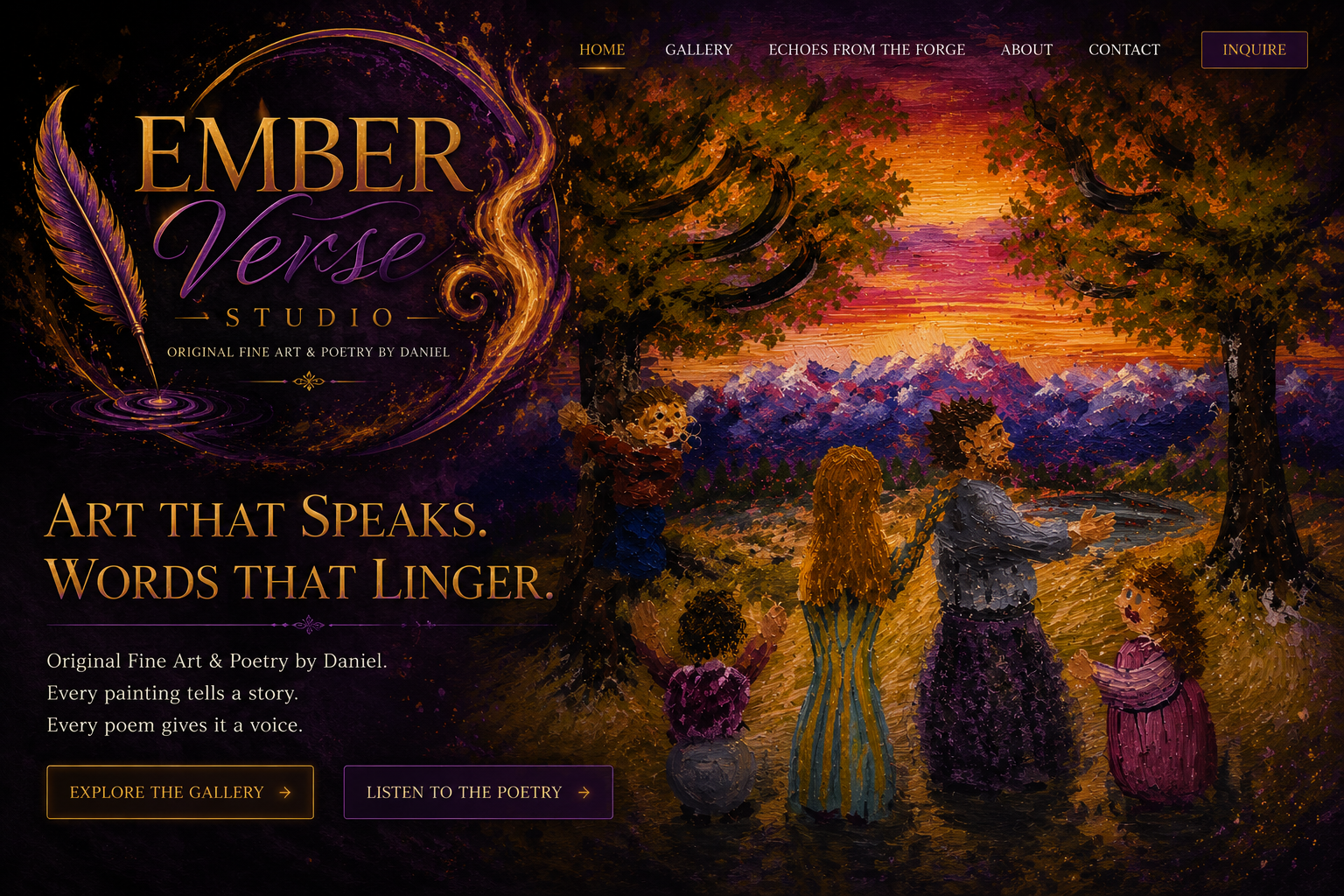 Ember Verse Studio homepage shown on desktop with painted sunset artwork