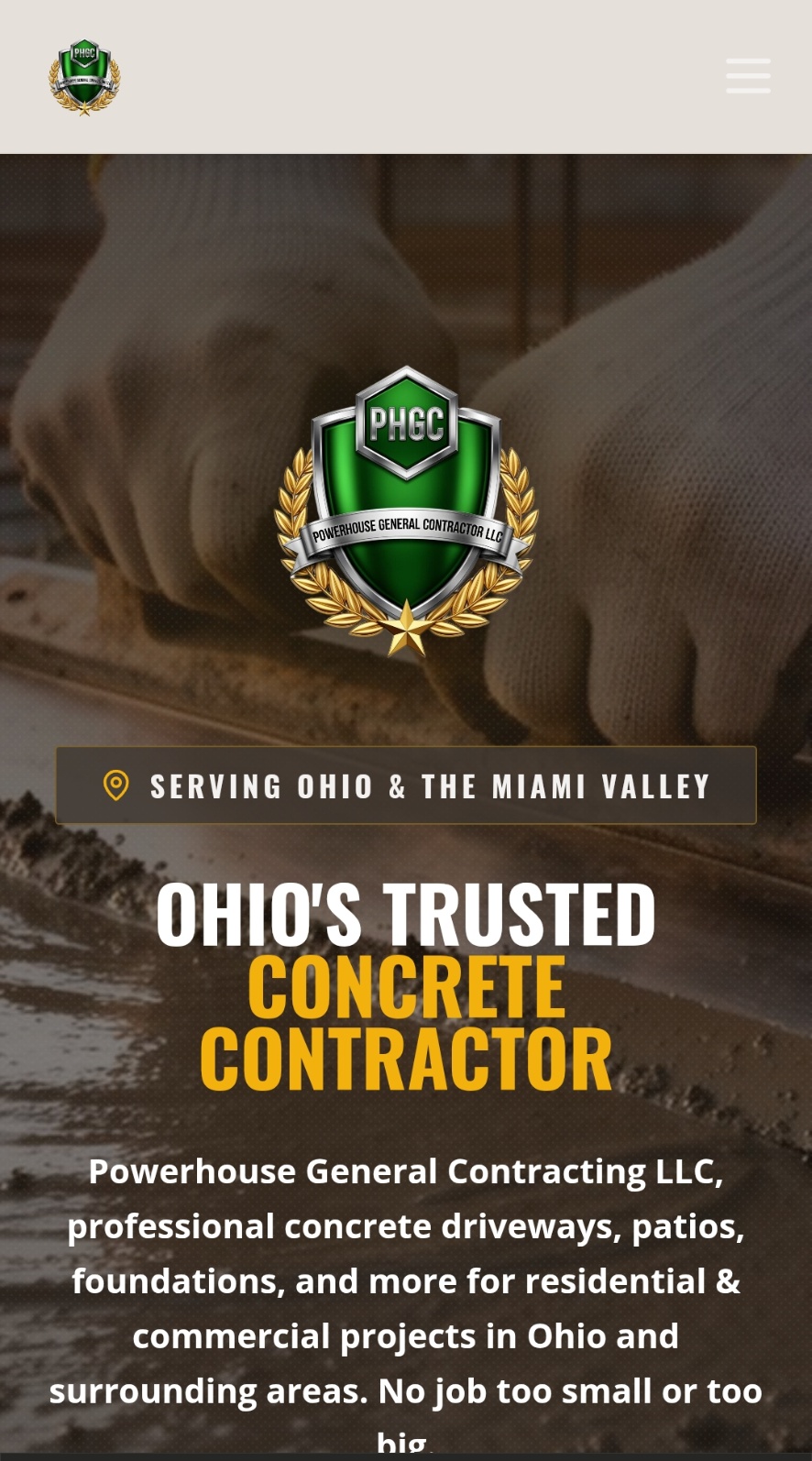 Powerhouse General Contracting homepage shown on a mobile device