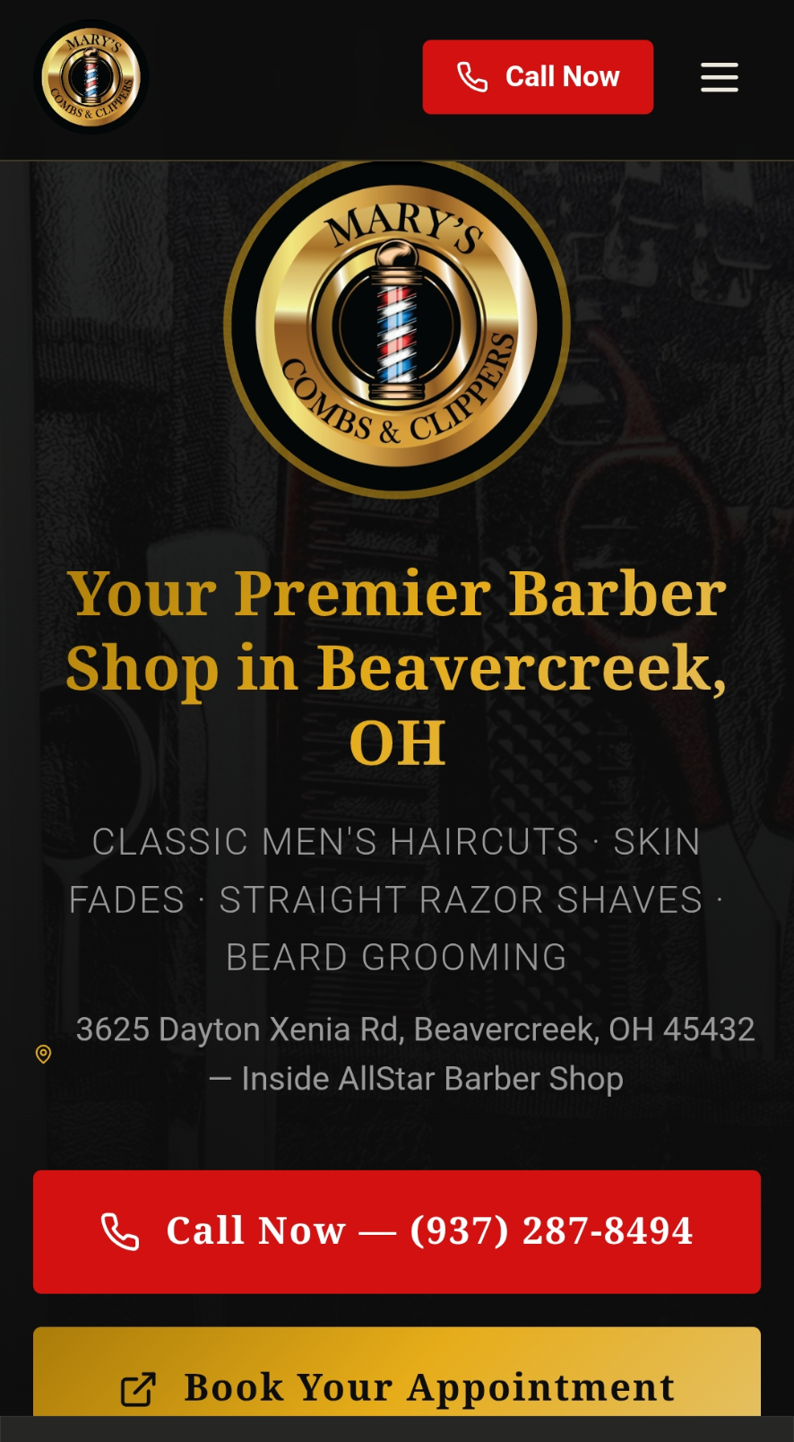Mary's Combs & Clippers website homepage shown on a mobile device
