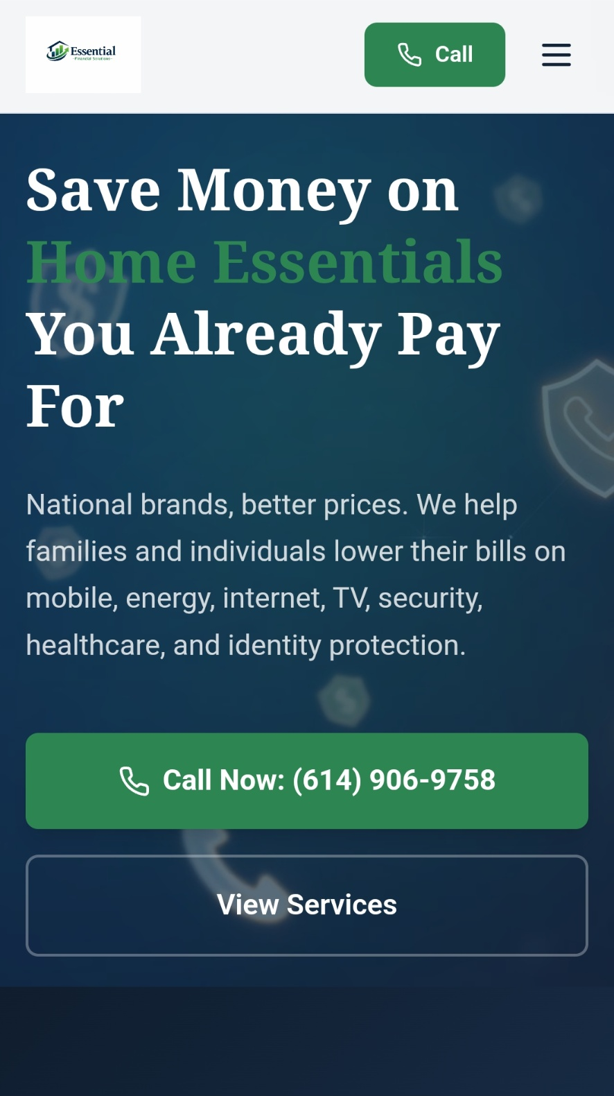 Essential Financial Solutions homepage shown on a mobile device