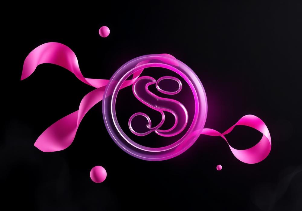 Abstract glass brand monogram with silk ribbons in hot pink on black