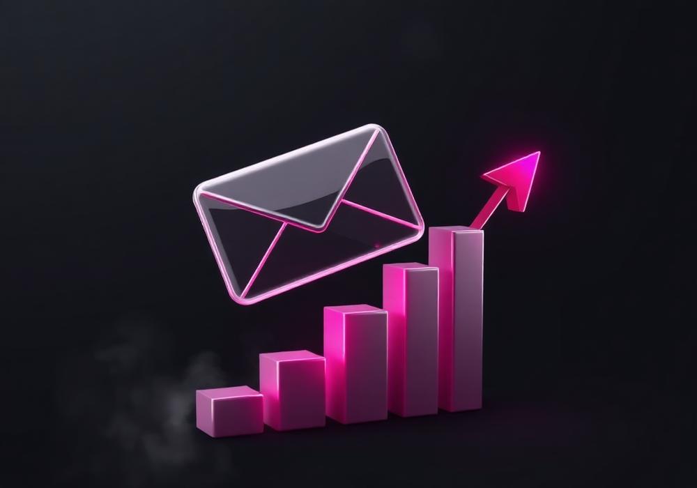 Glass envelope above a rising pink bar chart on a black background