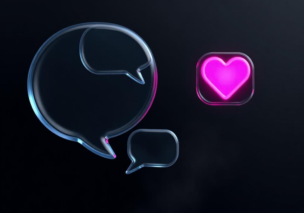 Glass social media chat and heart icons glowing in pink on black