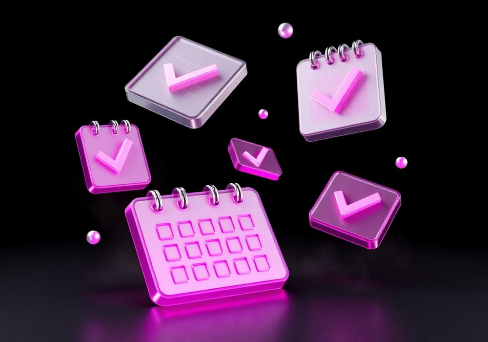 Floating calendar and checklist icons in pink and silver on black