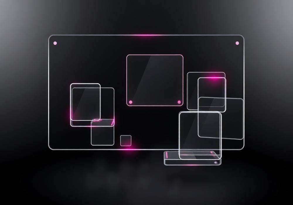 Glass website layout panels glowing in pink and silver on black