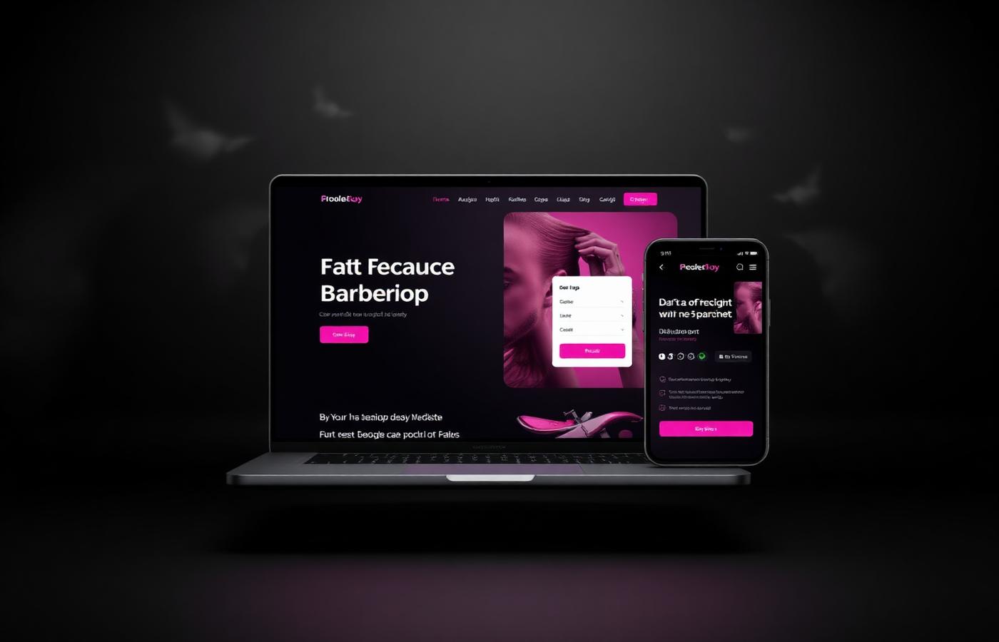 Laptop and phone mockup of a dark barbershop booking website